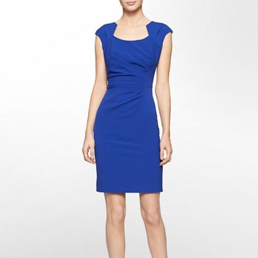 Calvin Klein Royal Blue Ruched Sheath Dress Size 6 Cap Sleeve